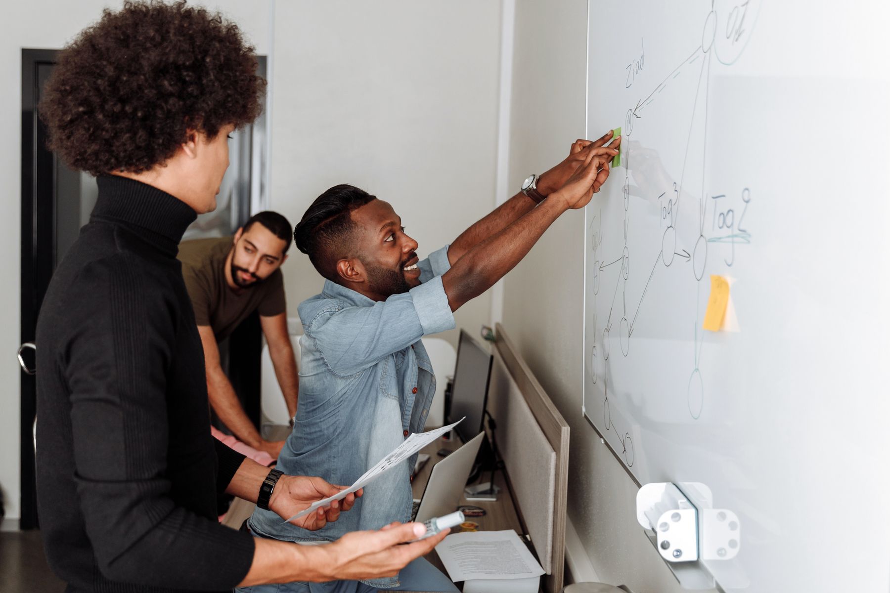 A team develops ideas together at a whiteboard